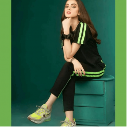 Plain Black with Green Stripe Women Track Suit