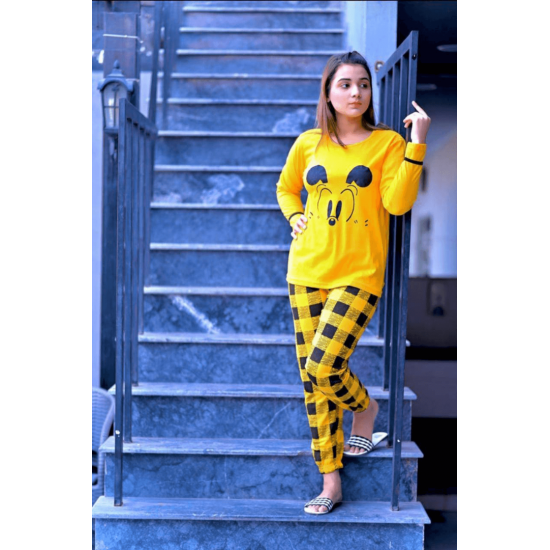 Yellow Micky Mouse Eyes Ladies NightSuit
